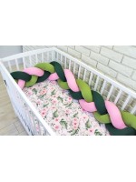 Baby Nellys Mantinel pletený vrkoč s obliečkami Kvetinky, 135x100 - zelená, ružová