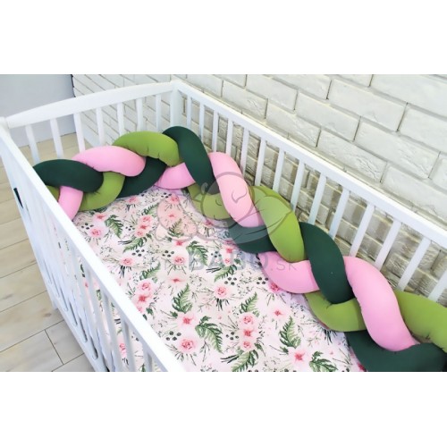 Baby Nellys Mantinel pletený vrkoč s obliečkami Kvetinky, 135x100 - zelená, ružová