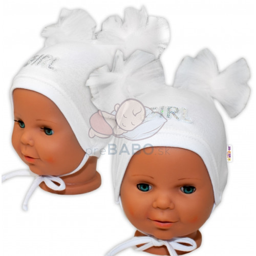Bavlnená čiapočka na zaväzovanie Baby Nellys s mašličkami Tutu - biela, 80/86
