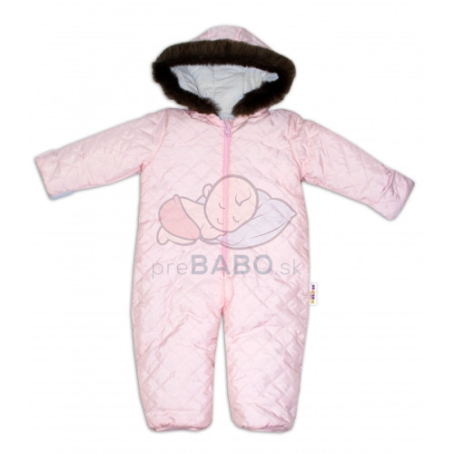 Kombinéza s kapucňou a kožušinkou Baby Nellys ®prošívaná, bez šlapiek, sv. ružová, veľ.98
