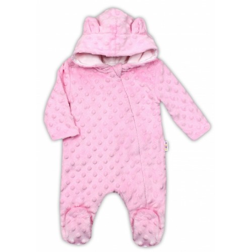 Baby Nellys Kombinézka /overal Minky s kapucňou a uškami - růžová