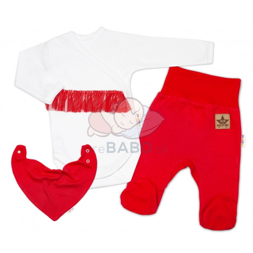 Baby Nellys 3-dielna sada Body dl. rukáv s tutu, šatka, polodupačky, červená, biela