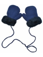 YO! Zimné detské rukavice s kožušinou - šnúrkou YO -jeans/granátová kožušina, 98/104
