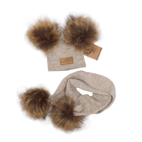 Z & Z Zimná čiapka s brmbolcami z kožušinky s šálou 2V1, béžová, vel. 68/80