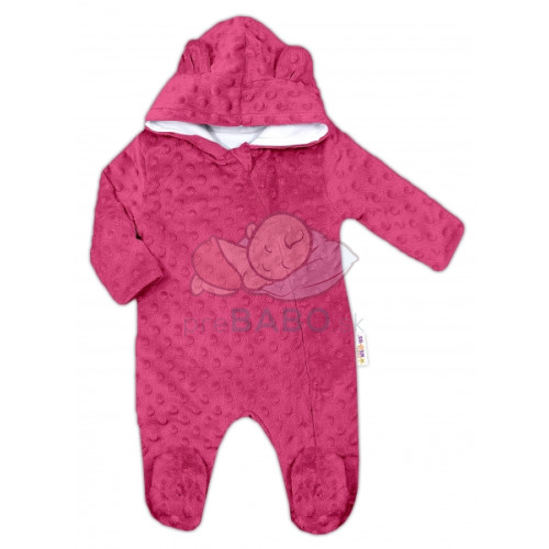 Baby Nellys Kombinézka /overal Minky s kapucňou a uškami - sytě ružová, veľ. 62