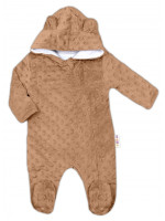 Baby Nellys Kombinézka /overal Minky s kapucňou a uškami - karamel, hnědá, Veľ. 74