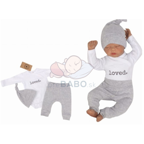 Z & Z 3-dielna súpravička body, tepláčky a čiapočka Loved - bielo/sivá, veľ. 56