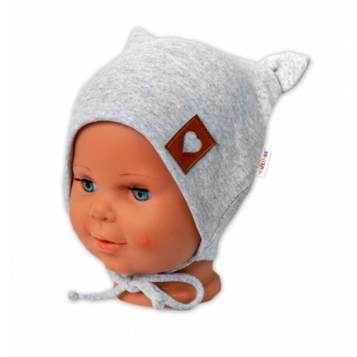 Baby Nellys Bavlnená dvojvrstvová čiapka s uškami na zaväzovanie, FOX - sivý melírok