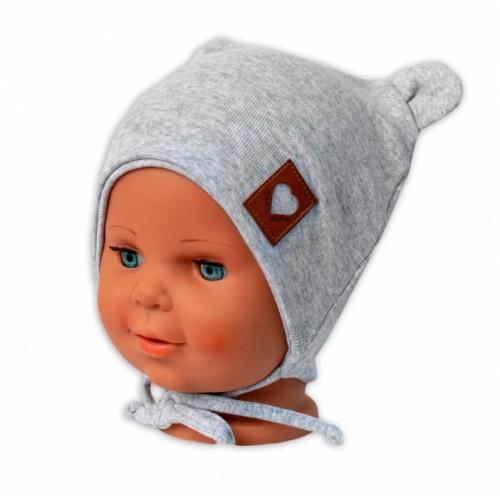 Baby Nellys Bavlnená dvojvrstvová čiapka s uškami na zaväzovanie, TEDDY - sivý melírok