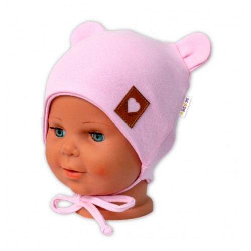 Baby Nellys Bavlnená dvojvrstvová čiapka s uškami na zaväzovanie, TEDDY - růžová