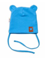 Baby Nellys Bavlnená dvojvrstvová čiapka s uškami na zaväzovanie, TEDDY - modrá