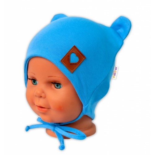 Baby Nellys Bavlnená dvojvrstvová čiapka s uškami na zaväzovanie, TEDDY - modrá