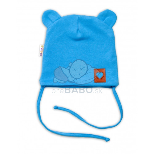 Baby Nellys Bavlnená dvojvrstvová čiapka s uškami na zaväzovanie, TEDDY - modrá, 80/86