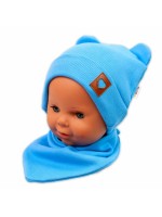 Baby Nellys Rebrovaná dvojvrstvová čiapka s uškami + šatka TEDDY - modrá