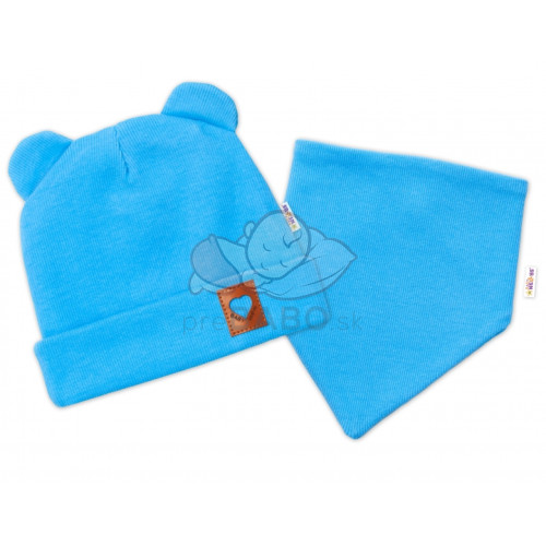 Baby Nellys Rebrovaná dvojvrstvová čiapka s uškami + šatka TEDDY - modrá, 92/98