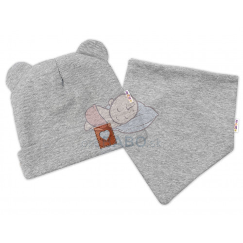 Baby Nellys Rebrovaná dvojvrstvová čiapka s uškami + šatka TEDDY - sivý melír, 80/86