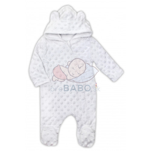 Baby Nellys Kombinézka /overal Minky s kapucňou a uškami - biela, veľ. 80