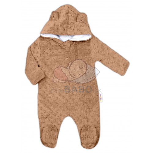 Baby Nellys Kombinézka /overal Minky s kapucňou a uškami - karamel, hnědá, Veľ. 80