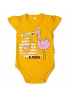 Baby Nellys Bavlnené dojčenské body, kr. rukáv, Flamingo - horčicove