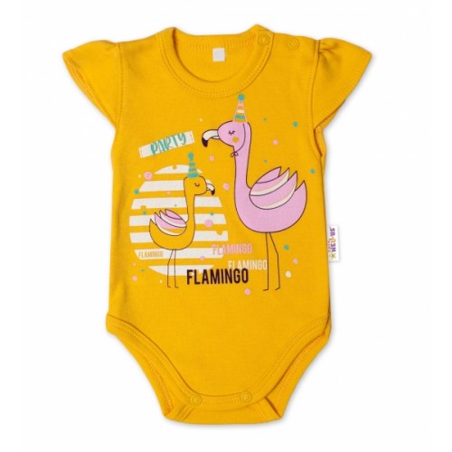Baby Nellys Bavlnené dojčenské body, kr. rukáv, Flamingo - horčicove