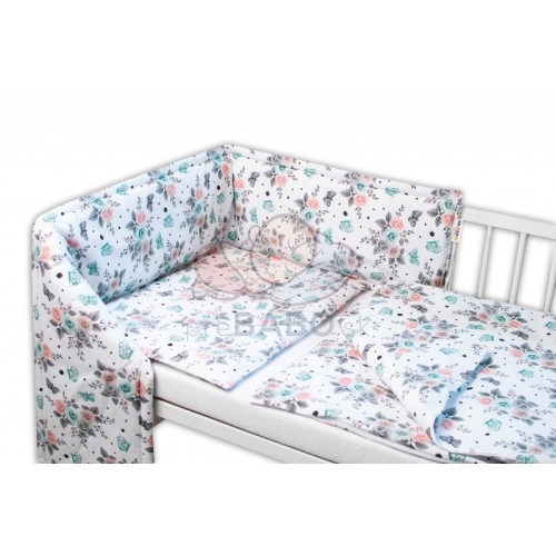 Baby Nellys 3-dielna sada Mantinel s obliečkami - Ružičky, biele