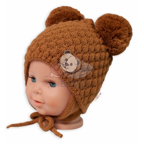 BABY NELLYS Zimná pletená čiapka Teddy na zaväzovanie, hnedá, 68/80, (6-12m)