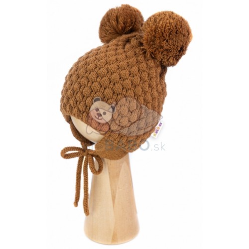 BABY NELLYS Zimná pletená čiapka Teddy na zaväzovanie, hnedá, 68/80, (6-12m)