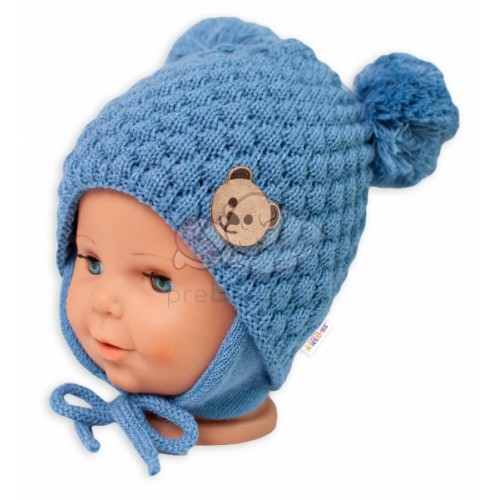 BABY NELLYS Zimná pletená čiapka Teddy Bear na zaväzovanie, modrá