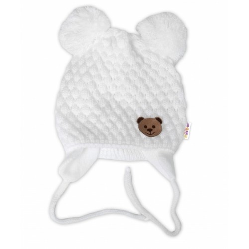BABY NELLYS Zimná pletená čiapka Teddy Bear na zaväzovanie, biela, smotana, 68/80, (6-12m)
