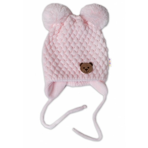 BABY NELLYS Zimná pletená čiapka Teddy Bear na zaväzovanie, ružová, 68/80, (6-12m)