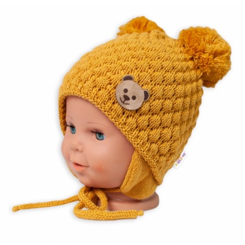 BABY NELLYS Zimná pletená čiapka Teddy Bear na zaväzovanie, horčicová