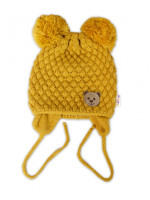 BABY NELLYS Zimná pletená čiapka Teddy Bear na zaväzovanie, horčicová