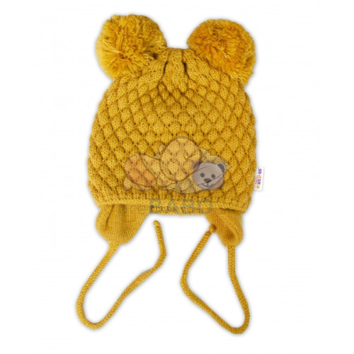 BABY NELLYS Zimná pletená čiapka Teddy Bear na zaväzovanie, horčicová