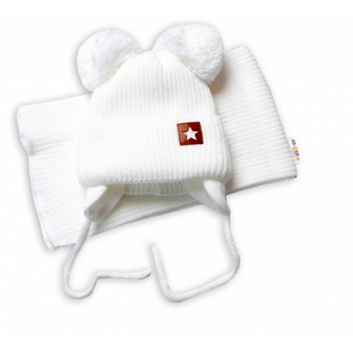 BABY NELLYS Zimná čiapka s šálom STAR - biela s brmbolcami