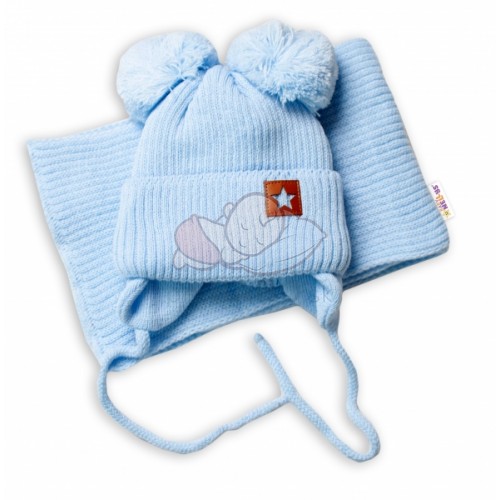 BABY NELLYS Zimná čiapka s šálom STAR - modrá s brmbolcami