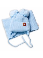 BABY NELLYS Zimná čiapka s šálom STAR - modrá s brmbolcami, veľ. 68/80