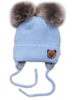 Zimná čiapka s fleecom Teddy Bear - chlupáčk. bambuľky - sv. modrá, šedá