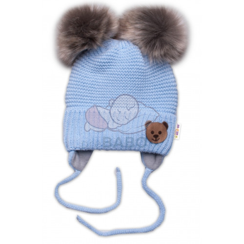 Zimná čiapka s fleecom Teddy Bear - chlupáčk. bambuľky - sv. modrá, šedá
