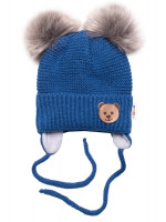 BABY NELLYS Zimná čiapka s fleecom Teddy Bear - chlupáčk. bambuľky - tm. modrá, šedá