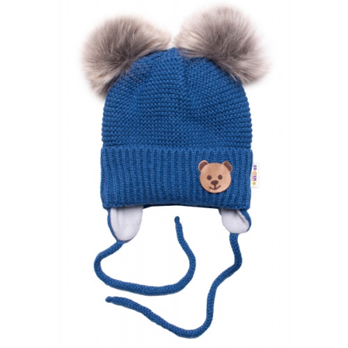 BABY NELLYS Zimná čiapka s fleecom Teddy Bear - chlupáčk. bambuľky - tm. modrá, šedá