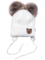 BABY NELLYS Zimná čiapka s fleecom Teddy Bear - chlupáčk. bambuľky - biela, šedá