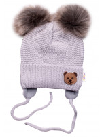 BABY NELLYS Zimná čiapka s fleecom Teddy Bear - chlupáčk. bambuľky - sv. šedá, šedá