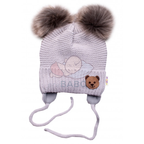 BABY NELLYS Zimná čiapka s fleecom Teddy Bear - chlupáčk. bambuľky - sv. šedá, šedá