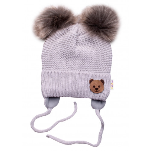 BABY NELLYS Zimná čiapka s fleecom Teddy Bear - chlupáčk. bambuľky - sv. šedá, šedá