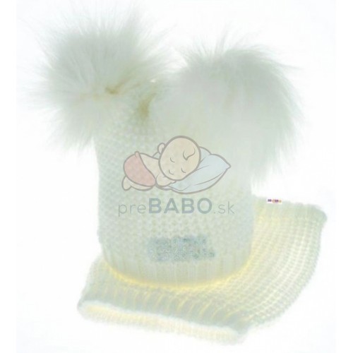 BABY NELLYS Zimná čiapočka s komínom - chlupáčkové bambuľky - biela