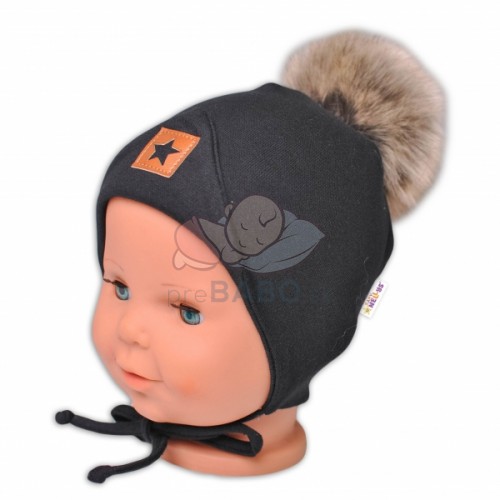 Baby Nellys Bavlnená dvojvrstvová čiapka s brmbolcom na zaväzovanie Star - čierna