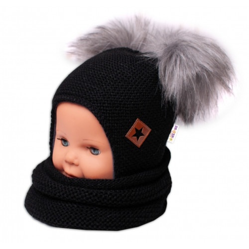 BABY NELLYS Zimná čiapka s fleecom a chlupáčka. bambuľky Star + komínok - čierna, 98/104