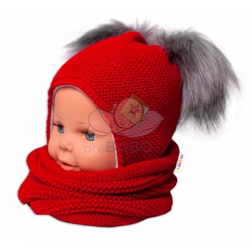 BABY NELLYS Zimná čiapka s fleecom a chlupáčka. bambuľky Star + komínok - červená, 104/116