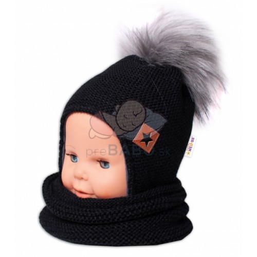 BABY NELLYS Zimná čiapka s fleecom a chlupáčková bambuľka Star + komínok -čierna, 98/104