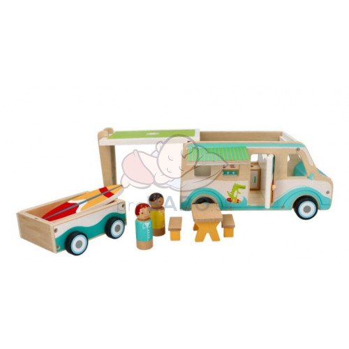 Adam Toys Drevený auto karavan s prívesom a príslušenstvom
